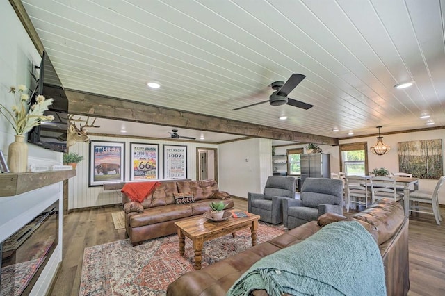 519 N J St, Eufaula, OK 74432 - living room featuring recessed lighting, a ceiling fan, wood finished floors, wooden ceiling, and ornamental molding