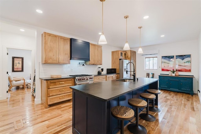 221 Alameda St, Norman, OK 73069 - kitchen with dark countertops, appliances with stainless steel finishes, a sink, light wood-style flooring, and recessed lighting