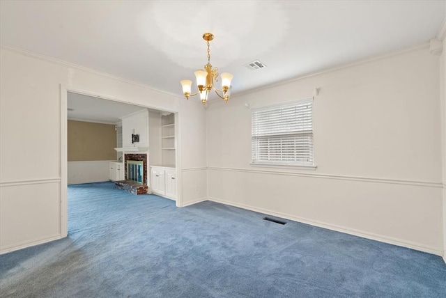 3222 Wilshire Ter, Oklahoma City, OK 73116 - unfurnished living room featuring ornamental molding, a chandelier, carpet flooring, a brick fireplace, and baseboards