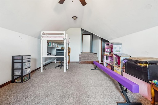 18421 State Highway 24, Purcell, OK 73080 - rec room featuring lofted ceiling, ceiling fan, carpet flooring, and baseboards