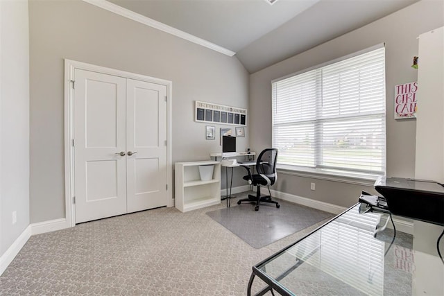 18337 Tombstone Trl, Norman, OK 73072 - carpeted home office featuring crown molding, baseboards, and lofted ceiling