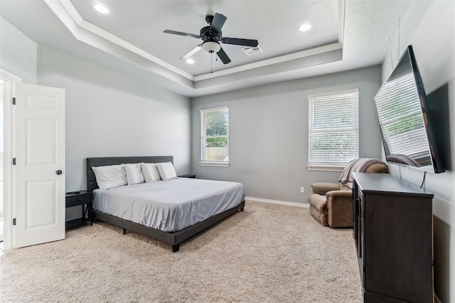 11423 Village Ave, Midwest City, OK 73130 - bedroom with a raised ceiling, ornamental molding, carpet floors, baseboards, and a ceiling fan