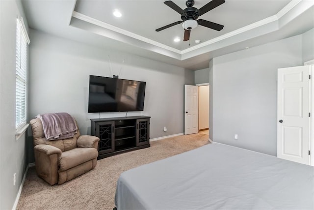 11423 Village Ave, Midwest City, OK 73130 - carpeted bedroom featuring multiple windows, crown molding, a raised ceiling, baseboards, and recessed lighting