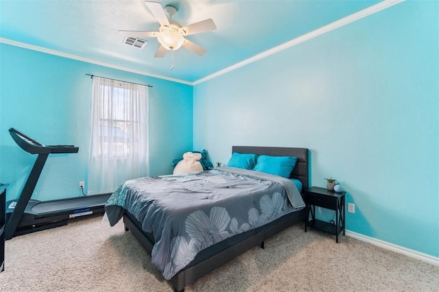 11423 Village Ave, Midwest City, OK 73130 - carpeted bedroom with ornamental molding, baseboards, and ceiling fan