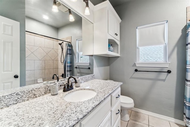 11423 Village Ave, Midwest City, OK 73130 - full bathroom with toilet, a shower with shower curtain, vanity, tile patterned floors, and baseboards