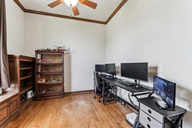 11423 Village Ave, Midwest City, OK 73130 - home office with ornamental molding, light wood-style flooring, ceiling fan, baseboards, and vaulted ceiling