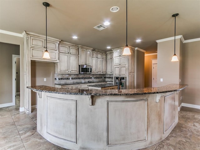 kitchen featuring appliances with stainless steel finishes, baseboards, a large island, ornamental molding, and backsplash