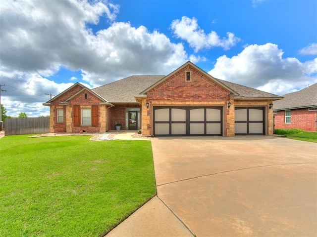 view of front of property featuring brick siding, a garage, concrete driveway, and roof with shingles