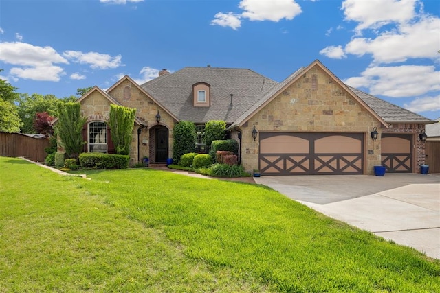 1401 Canyon Bridge Ln, Edmond, OK 73034 - view of front of home with stone siding, an attached garage, a front yard, concrete driveway, and brick siding