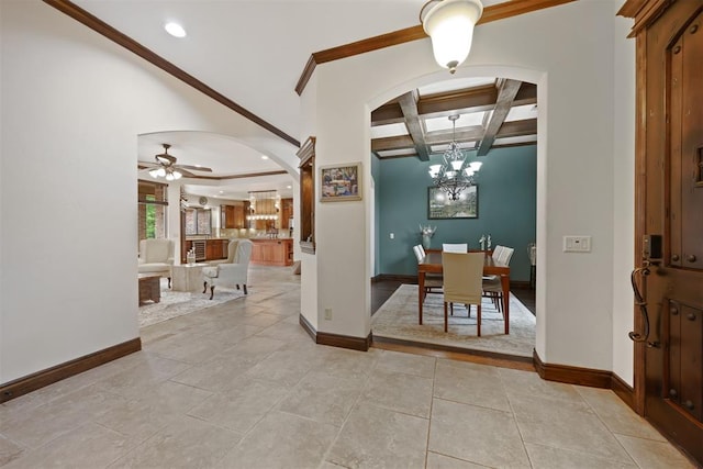 1401 Canyon Bridge Ln, Edmond, OK 73034 - corridor with arched walkways, baseboards, coffered ceiling, recessed lighting, and beamed ceiling