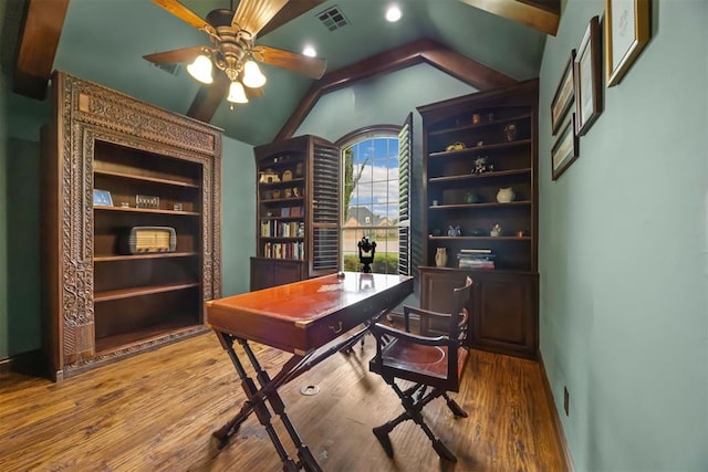 1401 Canyon Bridge Ln, Edmond, OK 73034 - office with wood finished floors, ceiling fan, and vaulted ceiling