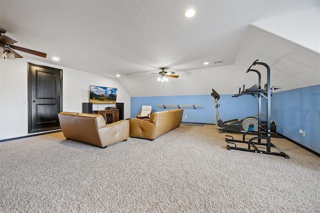 1401 Canyon Bridge Ln, Edmond, OK 73034 - carpeted living area with ceiling fan, recessed lighting, vaulted ceiling, and baseboards