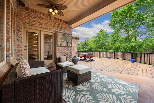 1401 Canyon Bridge Ln, Edmond, OK 73034 - wooden terrace featuring ceiling fan, outdoor dining area, and an outdoor hangout area
