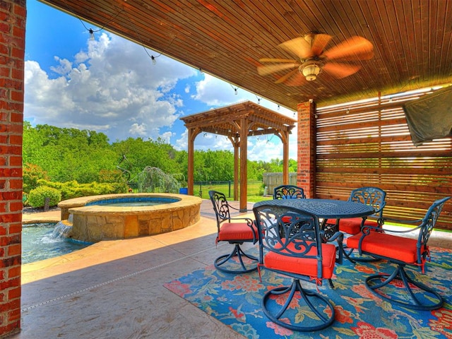 view of patio featuring a pool with connected hot tub, a ceiling fan, and outdoor dining area