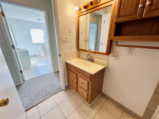 36040 E 1140th Rd Unit 114Rd, Seminole, OK 74868 - bathroom featuring vanity, tile patterned flooring, toilet, and backsplash