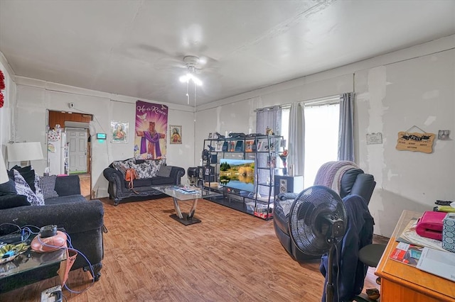 living area featuring a ceiling fan and wood finished floors