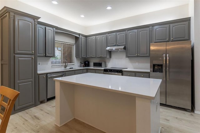 kitchen featuring stainless steel appliances, a sink, light wood finished floors, under cabinet range hood, and a center island