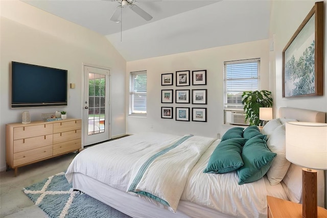 2617 Tracys Ter, Edmond, OK 73013 - bedroom featuring vaulted ceiling, access to outside, multiple windows, carpet floors, and ceiling fan