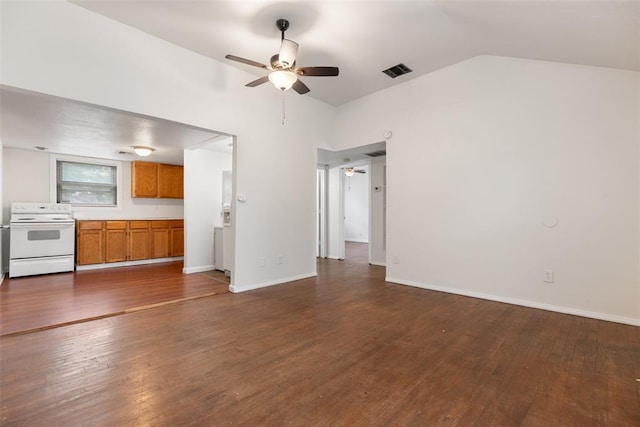5102 N Beaver Ave, Bethany, OK 73008 - unfurnished living room with ceiling fan, dark wood finished floors, lofted ceiling, and baseboards