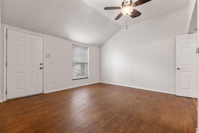 5102 N Beaver Ave, Bethany, OK 73008 - unfurnished living room featuring ceiling fan, dark wood finished floors, lofted ceiling, and baseboards