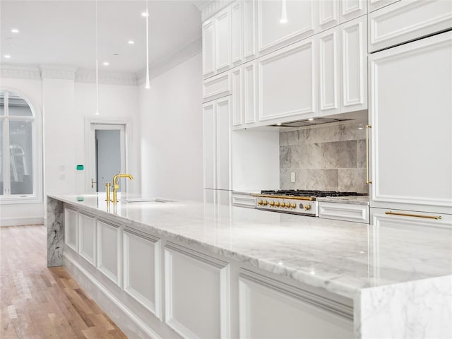 6100 NW Grand Blvd Unit 6103, Oklahoma City, OK 73118 - kitchen featuring white cabinetry, ornamental molding, a sink, tasteful backsplash, and light stone counters