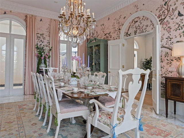 6119 NW Grand Blvd, Oklahoma City, OK 73118 - dining space featuring wallpapered walls, a chandelier, and a towering ceiling