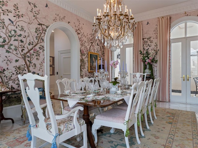 6119 NW Grand Blvd, Oklahoma City, OK 73118 - dining space featuring wallpapered walls, french doors, arched walkways, light marble finish floors, and a chandelier