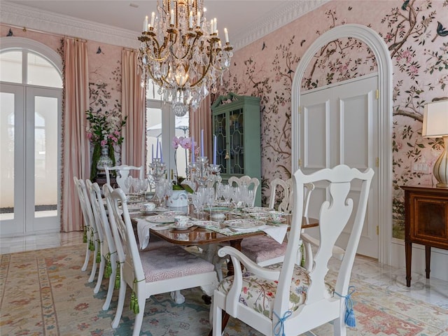 6119 NW Grand Blvd, Oklahoma City, OK 73118 - dining area featuring french doors, wallpapered walls, a chandelier, and crown molding