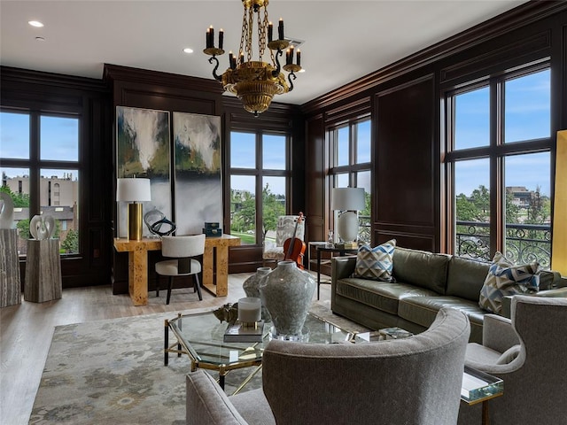 6119 NW Grand Blvd, Oklahoma City, OK 73118 - living room with a chandelier, wood finished floors, plenty of natural light, ornamental molding, and recessed lighting