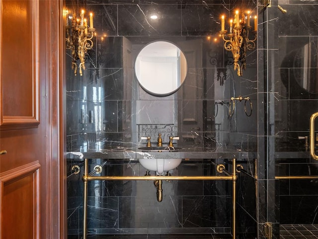 6119 NW Grand Blvd, Oklahoma City, OK 73118 - full bath featuring a shower stall, a chandelier, and a sink