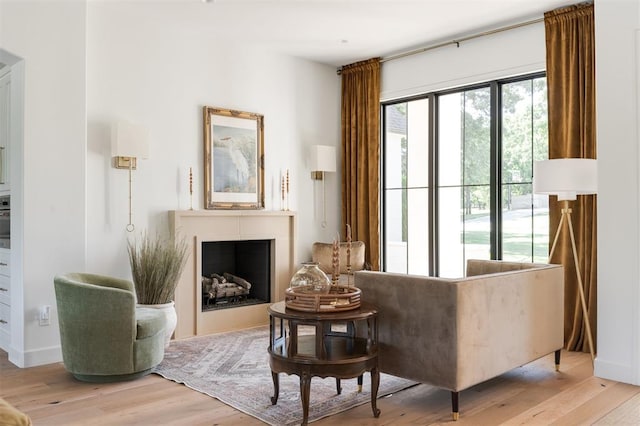 living room featuring wood finished floors, a fireplace, and baseboards