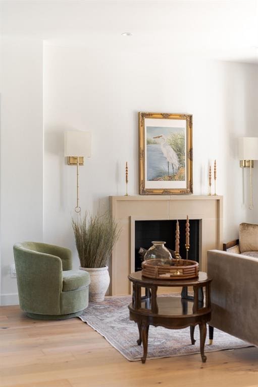 living area featuring a fireplace and wood finished floors