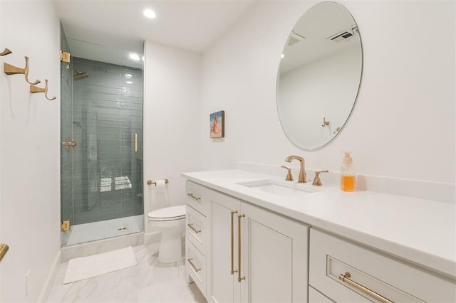 full bathroom with toilet, marble look tile flooring, a shower stall, vanity, and recessed lighting