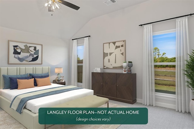 bedroom with vaulted ceiling, carpet, baseboards, and ceiling fan