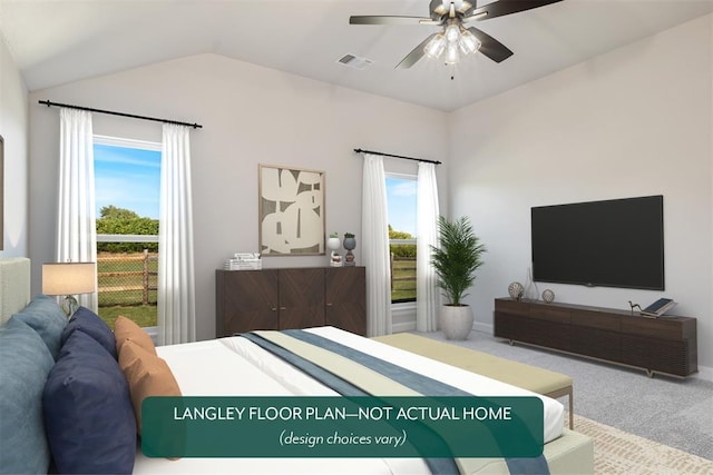 bedroom featuring carpet flooring, vaulted ceiling, and a ceiling fan