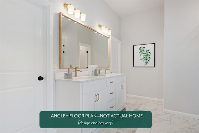 bathroom with marble look tile flooring, double vanity, and baseboards
