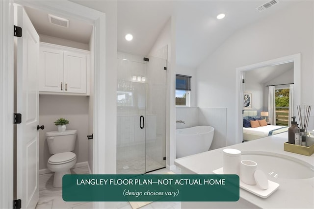 full bathroom featuring a stall shower, toilet, marble finish flooring, vaulted ceiling, and recessed lighting