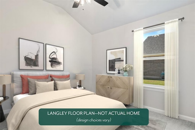 bedroom with lofted ceiling, carpet floors, baseboards, ceiling fan, and multiple windows