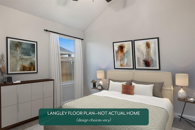 bedroom featuring baseboards and high vaulted ceiling