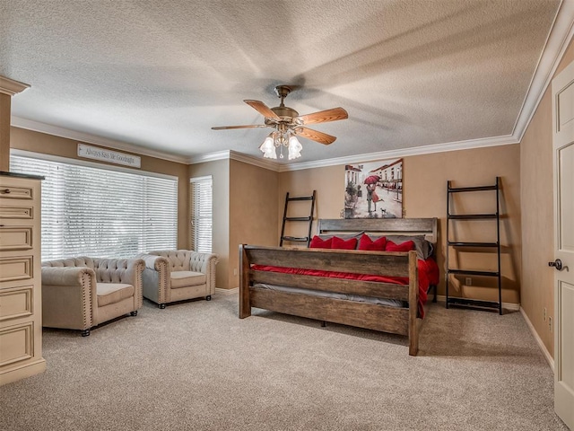 1409 Echohollow Trl, Edmond, OK 73025 - bedroom with carpet, a textured ceiling, baseboards, ornamental molding, and a ceiling fan