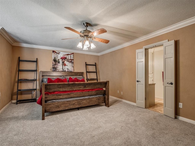 1409 Echohollow Trl, Edmond, OK 73025 - carpeted bedroom with a textured ceiling, crown molding, baseboards, and ceiling fan