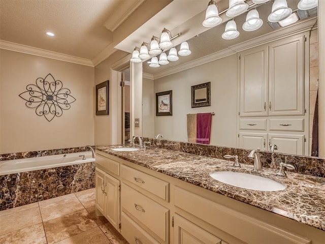 1409 Echohollow Trl, Edmond, OK 73025 - bathroom with a garden tub, ornamental molding, double vanity, and tile patterned flooring