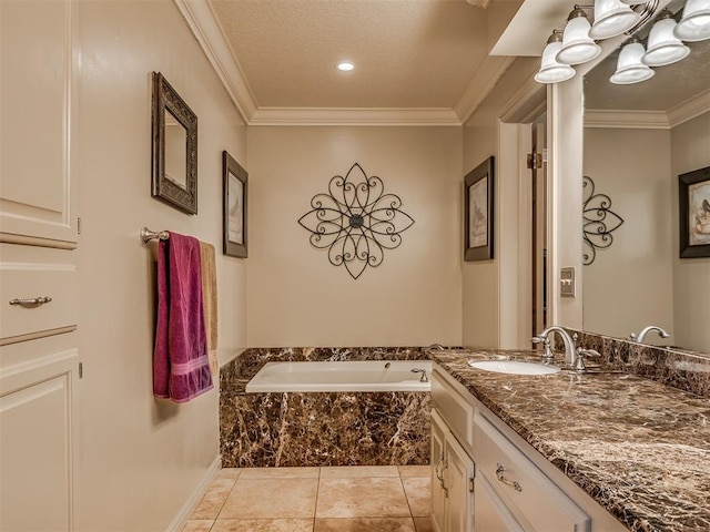 1409 Echohollow Trl, Edmond, OK 73025 - bathroom with a garden tub, vanity, crown molding, and tile patterned flooring