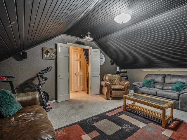 1409 Echohollow Trl, Edmond, OK 73025 - carpeted cinema with vaulted ceiling, a textured wall, and wooden ceiling