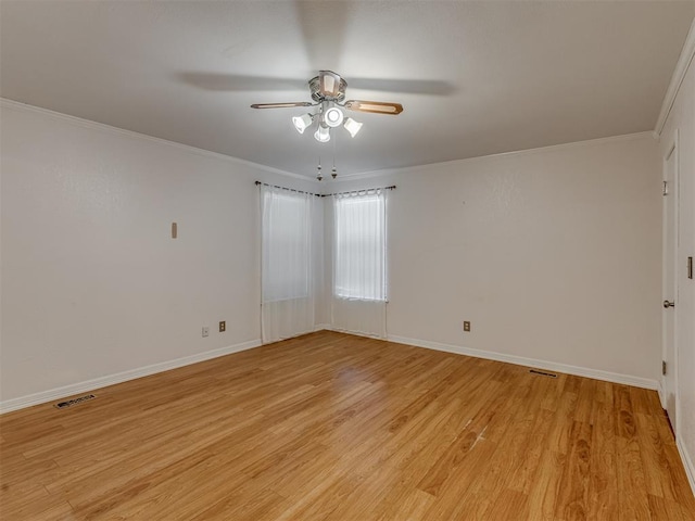 8709 NW 86th St, Oklahoma City, OK 73132 - empty room featuring ceiling fan, light wood-style floors, ornamental molding, and baseboards