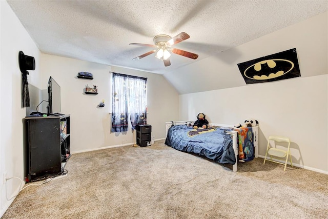 6508 S Harvey Ave, Oklahoma City, OK 73139 - bedroom featuring carpet, a textured ceiling, ceiling fan, baseboards, and lofted ceiling