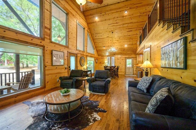 479 Poplar Cir, Broken Bow, OK 74728 - living area with hardwood / wood-style floors, wooden walls, high vaulted ceiling, and a ceiling fan