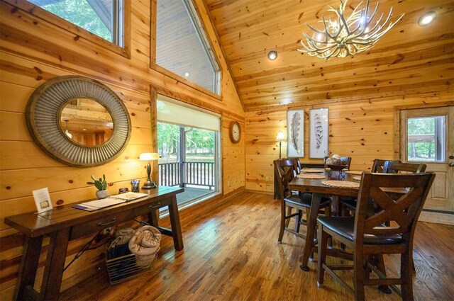 479 Poplar Cir, Broken Bow, OK 74728 - dining area with a chandelier, lofted ceiling, wood finished floors, wood walls, and wooden ceiling