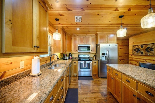 479 Poplar Cir, Broken Bow, OK 74728 - kitchen featuring appliances with stainless steel finishes, a sink, wood ceiling, dark wood-style flooring, and light stone counters