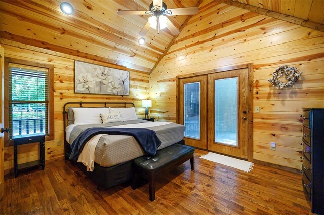 479 Poplar Cir, Broken Bow, OK 74728 - bedroom with lofted ceiling, wood ceiling, wood finished floors, wood walls, and access to outside